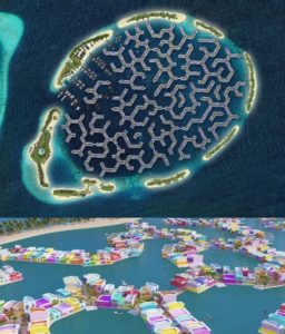 Maldives 5,000 Resident Floating Town Slow Build – Walk, Bike, Ultra-Lights, No Cars, But Not Towable